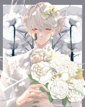 1boy animal animal_on_face border bouquet bug centipede clock_earrings closed_mouth commentary_request earrings flower grey_border hair_between_eyes half-closed_eyes highres holding holding_bouquet jacket jewelry leaf leaf_on_head looking_at_viewer male_focus original outside_border red_eyes sahi00000 short_hair single_earring smile solo straight-on upper_body white_flower white_hair white_jacket