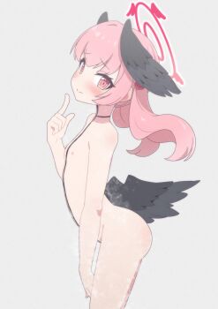 1girl absurdres black_wings blue_archive blush body_markings breasts completely_nude female_focus halo head_wings highres koharu_(blue_archive) loli looking_at_viewer nipples nude okaasan_(okaasandx) pink_eyes pink_hair small_breasts smile solo standing thighs twintails wings