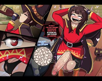 Rule 34 | 1futa, 1girl, alcohol, aqua (konosuba), bed, bedroom, blush, bulge, drunk, erection, erection under clothes, futa with female, futanari, hat, heart, heart-shaped pupils, huge penis, huge testicles, kono subarashii sekai ni shukufuku wo!, lordfink, megumin, on bed, open mouth, penis, red eyes, symbol-shaped pupils, testicles, top-down bottom-up, veins, veiny penis, veiny testicles, witch, witch hat