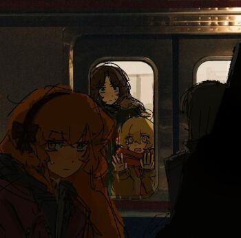 4girls black_hair blonde_hair blue_eyes bob_cut brown_hairband commentary dark don_quixote_(project_moon) freckles green_eyes hairband hands_up hashtag-only_commentary herbbbbby indoors ishmael_(project_moon) limbus_company multiple_girls open_mouth project_moon red_scarf rodion_(project_moon) rope ryoshu_(project_moon) scarf short_hair sweat train wide-eyed yellow_eyes