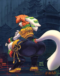 Rule 34 | 1girl, aged up, animal ears, architecture, ass, ass focus, bodysuit, bracelet, breasts, cube, curvy, dog ears, dog tail, east asian architecture, eyebrows hidden by hair, eyelashes, feet, fingerless gloves, freedom planet, freedom planet 2, from behind, furry, galaxytrail, gloves, green eyes, huge ass, jacket, jewelry, long tail, looking at viewer, looking back, milla basset, orange hair, outdoors, short hair, skin tight, smile, smirk, snao (asj), squatting, tail, thick thighs, thighs, tiptoes, toeless footwear, toeless legwear