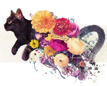 animal animal_focus black_cat cat flower highres kamimon2016 no_humans original purple_flower red_flower yellow_flower