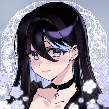 1girl black_choker black_hair blue_eyeliner blue_eyes blue_hair choker closed_mouth collarbone colored_inner_hair commentary cross cross_choker cross_earrings double-parted_bangs ear_piercing earrings english_commentary eyeliner grey_background hair_between_eyes highres jewelry long_hair looking_at_viewer makeup multicolored_hair original piercing portrait ryuuxin sadie_(ryuuxin) smile solo streaked_hair