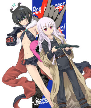 &gt;:) 2girls antenna_hair bare_shoulders belt black_hair blunt_bangs blush bow buckle cosplay costume_switch creator_connection crossover cyrillic formal_clothes frills fur_trim galaktika gauntlets gloves green_eyes gun handgun hoshimiya_kate kino kino_(cosplay) kino_(kino_no_tabi) kino_no_tabi long_coat long_hair long_sleeves lowleg lowleg_skirt mask midriff multiple_girls navel pants pistol ranguage red_eyes revolver ribbon russian_text sekai_seifuku:_bouryaku_no_zvezda short_hair skirt smile star_(symbol) suit sweat sweatdrop tsuyadashi_shuuji v-shaped_eyebrows venera-sama venera-sama_(cosplay) very_long_hair weapon white_hair
