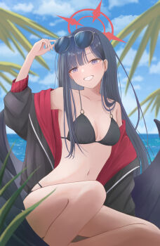 1girl :d a_ekoa adjusting_eyewear bare_shoulders bikini black_bikini black_hair black_jacket black_wings blue_archive blue_sky blunt_bangs breasts breasts_apart collarbone commentary convenient_leg day eyewear_on_head feathered_wings feet_out_of_frame grey_eyes grin hair_behind_ear hair_over_shoulder halo hand_up highres ichika_(blue_archive) ichika_(swimsuit)_(blue_archive) jacket knee_up long_hair looking_at_viewer low_wings medium_breasts navel ocean official_alternate_costume open_clothes open_jacket open_mouth outdoors red_halo sitting sky smile solo stomach straight_hair sunglasses swimsuit tsurime unusually_open_eyes very_long_hair wings