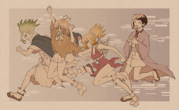 Rule 34 | 2boys, 2girls, :3, ^ ^, antenna hair, asagiri gen, backpack, bag, bandaged arm, bandages, belt, black hair, blonde hair, blue cape, boots, bow, bowtie, breasts, brown hair, cape, closed eyes, curly hair, dr. stone, dress, e=mc2 (equation), fingernails, gradient hair, green hair, grey background, hands up, high heels, high ponytail, highres, interlocked fingers, ishigami senkuu, japanese clothes, kohaku (dr. stone), long hair, medium hair, multicolored hair, multiple boys, multiple girls, ninomae gin, open mouth, ponytail, red bow, red bowtie, red dress, running, sandals, shield, short dress, short hair, sidelocks, signature, simple background, skirt, smile, spiked hair, suika (dr.stone), two-tone hair, weapon, white belt, white boots, yellow cape