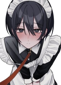 1boy absurdres apron arata20250328 black_dress black_eyes black_hair blush closed_mouth cowboy_shot crossdressing crossdressing_(mtf) double-parted_bangs dress hair_between_eyes highres leaning_forward leash long_sleeves looking_at_viewer maid maid_apron maid_headdress male_focus male_maid original short_hair simple_background solo sweat viewer_holding_leash white_apron white_background