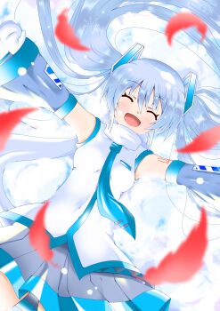 Rule 34 | 1girl, absurdres, aqua eyes, aqua hair, arm tattoo, arms up, blue scarf, blue trim, breasts, closed eyes, commentary request, detached sleeves, double-parted bangs, falling feathers, feathers, grey skirt, hair between eyes, hair ornament, hatsune miku, highres, light blush, long hair, long sleeves, lying, medium breasts, mittens, number tattoo, official alternate costume, on back, open mouth, rabbit, red feathers, salespersonkino, scarf, shirt, skirt, smile, snow, snowflake print, tattoo, twintails, very long hair, vocaloid, white mittens, white scarf, white shirt, wide sleeves, yuki miku, yuki miku (2011)