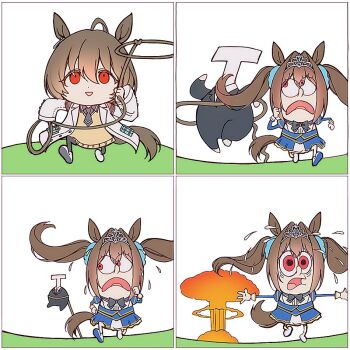 1boy 2girls agnes_tachyon_(umamusume) ahoge animal_ears black_bow black_bowtie black_necktie black_pantyhose black_shirt bow bowtie brown_hair collared_shirt comic commentary daiwa_scarlet_(umamusume) derivative_work earrings empty_eyes english_commentary explosion explosion_gag flying_sweatdrops hair_between_eyes hair_intakes holding_lasso horse_ears horse_girl horse_tail huge_ahoge jewelry lab_coat lais_(agnestachyon) lasso long_hair long_sleeves medium_hair meme multiple_girls mushroom_cloud necktie open_mouth pantyhose red_eyes rope running screenshot_redraw shirt shoes short_necktie sideways_glance single_earring sleeves_past_wrists spongebob_squarepants_(series) sweater_vest t-head_trainer_(umamusume) tail tiara toon_(style) trainer_(umamusume) twintails umamusume very_long_hair white_shoes wolf_cut yellow_sweater_vest