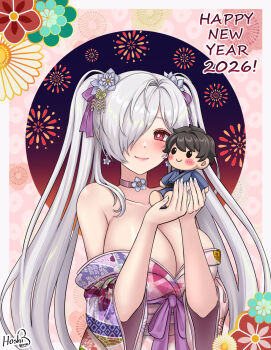 1boy 1girl blush breasts character_doll choker cinderella_(nikke) cleavage commander_(nikke) commentary doll english_commentary floral_print floral_print_kimono goddess_of_victory:_nikke hair_over_one_eye highres hoshiberuu jacket japanese_clothes kimono large_breasts long_hair long_sleeves looking_at_viewer military_jacket military_uniform obi off_shoulder one_eye_covered pink_kimono print_kimono red_eyes sash smile solo twintails very_long_hair white_hair wide_sleeves