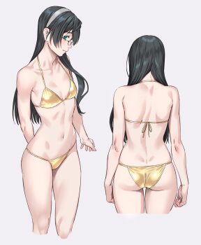 1girl alternate_costume ass back bare_arms bare_shoulders bikini black_hair blush breasts closed_mouth commentary_request cowboy_shot cropped_legs from_behind glasses gold_bikini green_eyes grey_background groin hair_between_eyes hairband halterneck highres kantai_collection long_hair looking_at_viewer looking_back medium_breasts micro_bikini multiple_views navel ooyodo_(kancolle) simple_background smile solo standing string_bikini swimsuit thighs yuuji_(and)