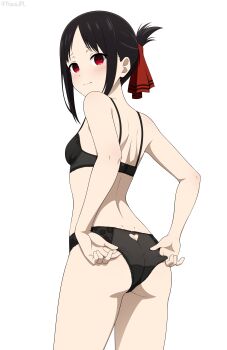 1girl absurdres adjusting_clothes adjusting_panties ass ass_cutout back black_bra black_hair black_panties blush bra breasts butt_crack closed_mouth clothing_cutout commentary cowboy_shot english_commentary folded_ponytail from_behind hair_ribbon heart_cutout highres kaguya-sama_wa_kokurasetai_~tensai-tachi_no_renai_zunousen~ looking_at_viewer panties red_eyes red_ribbon ribbon shinomiya_kaguya simple_background small_breasts solo underwear underwear_only white_background yisusjpl