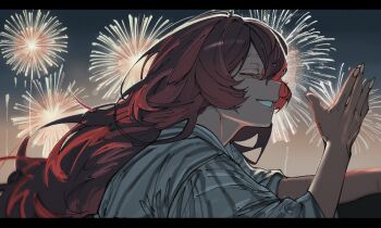 Rule 34 | 1girl, black hair, blue archive, closed eyes, commentary request, fireworks, grin, hand up, highres, iroha (blue archive), japanese clothes, kani ka nanika, kimono, long hair, long sleeves, multicolored hair, parted lips, red hair, smile, solo, striped clothes, striped kimono, variant set, very long hair, yukata