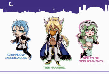 Rule 34 | 1046sstep btoh, 1boy, 2girls, black jacket, bleach, blonde hair, blue eyes, blue hair, breasts, broken mask, cape, chibi, cleavage, cleavage cutout, clothing cutout, commentary request, crop top, eyeliner, facial mark, fur-trimmed cape, fur trim, green eyeliner, green eyes, green hair, grimmjow jaegerjaquez, hand on own hip, high heels, highres, horns, jacket, large breasts, long hair, makeup, mask, midriff, miniskirt, mouth mask, multiple girls, navel, nelliel tu odelschwanck, pants, sheath, sheathed, skirt, skull on head, sword, tier harribel, weapon, white cape, white pants