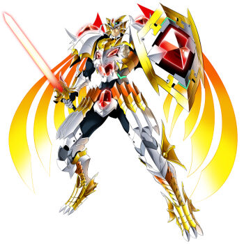 1boy armor black_bodysuit bodysuit breastplate commentary_request crotch_plate energy_sword fantasy fantasy_defense full_armor gauntlets gem gold_trim greaves holding holding_sword holding_weapon jilpoong17 ornate_armor red_gemstone shield shoulder_armor solo spiked_greaves standing sword warrior weapon white_armor white_background