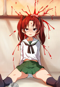 1girl against_wall black_bow black_socks blood blood_on_wall blood_splatter bow brain brown_eyes brown_hair corpse death empty_eyes female_focus girls_und_panzer green_skirt gunshot_wound guro hair_bow headshot huyusilver kadotani_anzu long_hair on_floor open_mouth panties pantyshot school_uniform serafuku shirt sitting skirt socks solo spread_legs twintails underwear white_panties white_shirt window