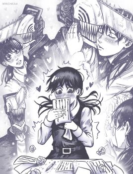 1boy 1girl alternate_form blush chainsaw_man crumpled_paper denji_(chainsaw_man) dress fourth_east_high_school_uniform gakuran greyscale heart hetero highres holding holding_paper imagining long_hair long_sleeves low_twintails mitaka_asa monochrome nose_blush paper pen pinafore_dress school_uniform sleeveless sleeveless_dress table twintails wischkaa