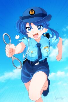 1girl artist_name belt blue_belt blue_eyes blue_hair blue_hat blue_necktie blue_shirt blue_shoes blue_skirt blue_sky cloud cloudy_sky collared_shirt commentary_request commission cuffs day emphasis_lines female_service_cap flats handcuffs hat hirogaru_sky!_precure holding holding_handcuffs kyanos_(b_0000ff) leg_up medium_hair miniskirt necktie open_mouth outdoors partial_commentary pencil_skirt pixiv_commission police police_hat police_uniform policewoman precure puff_of_air radio shirt shoes short_sleeves signature skirt sky smile solo sora_harewataru standing standing_on_one_leg wing_collar