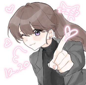 Rule 34 | 1girl, basil (wgh0anzdple3asf), black sweater, brown hair, commentary, dated, fujishima megumi, fujishima megumi (post-graduation), grey jacket, heart, jacket, link! like! love live!, looking at viewer, love live!, open clothes, open jacket, ponytail, purple eyes, simple background, solo, sweater, symbol-only commentary, turtleneck, turtleneck sweater, upper body, virtual youtuber, white background