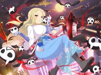 Rule 34 | 1girl, animal, armor, bat (animal), belt pouch, blonde hair, blue hakama, blush, boots, breasts, building, city, city lights, clothing cutout, energy, floral print hakama, frilled kimono, frills, full moon, gessen academy school uniform, gloves, hair ornament, hairclip, hakama, heart, heart-shaped eyes, hip vent, holding, holding animal, horizon, japanese armor, japanese clothes, kimono, kote, large breasts, light particles, long hair, looking at viewer, midair, middle part, mole, mole under mouth, moon, mountain, mountainous horizon, muneate, night, official art, parted bangs, pouch, red eyes, school emblem, school uniform, scythe, seductive smile, senran kagura, senran kagura new link, senran kagura shinovi versus, shiki (senran kagura), ship, sky, skyscraper, smile, solo, star (sky), starry sky, tower, water, watercraft, white gloves, white kimono, yacht