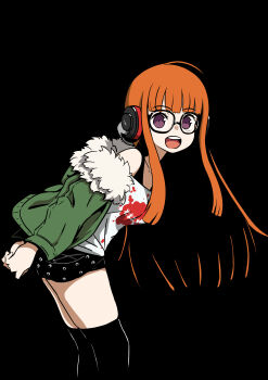 1girl absurdres ahoge arms_behind_back behind-the-head_headphones black-framed_eyewear black_background black_shorts black_tank_top black_thighhighs cianter commentary_request fur-trimmed_jacket fur_trim glasses green_jacket headphones highres jacket leaning_forward long_hair orange_hair persona persona_5 purple_eyes sakura_futaba shirt short_shorts shorts simple_background smile solo tank_top teeth thighhighs thighs upper_teeth_only very_long_hair white_shirt