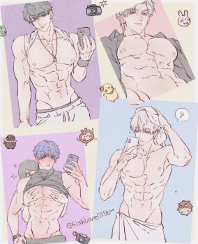 1girl 4boys ? abs apple bare_shoulders bird black_hair blue_hair blush caleb_(love_and_deepspace) clothes_lift crow dog_tags fish fishbone0306 food fruit furrowed_brow grey_hair hands_on_another&#039;s_chest highres holding holding_phone looking_at_viewer love_and_deepspace male_focus multiple_boys muscular muscular_male open_clothes open_shirt parted_bangs pectorals phone protagonist_(love_and_deepspace) puffer_fish rabbit rafayel_(love_and_deepspace) selfie shirt_lift short_hair smirk spoken_question_mark sylus_(love_and_deepspace) taking_picture topless_male towel towel_around_waist towel_on_head upper_body watch wristwatch xavier_(love_and_deepspace)