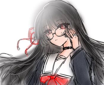 black_dress black_hair chisa_(wuthering_waves) colored_inner_hair dress glasses multicolored_hair naninanikkaa sailor wuthering_waves
