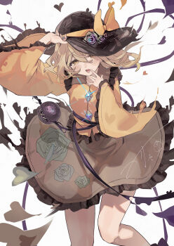 1girl absurdres arm_up black_hat blouse blush bow brown_skirt buttons commentary diamond_button feet_out_of_frame floral_print floral_print_skirt flower frilled_shirt frilled_shirt_collar frilled_skirt frilled_sleeves frills hair_between_eyes hand_on_headwear hat hat_bow hat_flower heart heart_of_string highres karya komeiji_koishi leg_up looking_at_viewer medium_hair open_mouth print_skirt rose rose_print shirt signature simple_background skirt solo standing standing_on_one_leg third_eye touhou wide_sleeves yellow_bow yellow_shirt