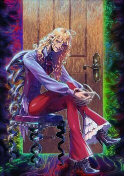 Rule 34 | 1boy, ahoge, blackberreh-art, blonde hair, blue eyes, boots, bow, chair, commentary, curly hair, design speculation, distortion (tma), door, earrings, english commentary, grin, high heel boots, high heels, highres, jewelry, lips, long fingers, long hair, michael shelley, monster boy, pants, pointy ears, psychedelic, red pants, sharp teeth, shirt, smile, solo, teeth, the magnus archives, vest