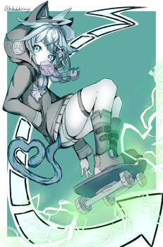 Rule 34 | 1girl, ahoge, animal hood, aqua eyes, aqua hair, boboboburning, border, braid, cat hood, cat tail, chewing gum, colored skin, electricity, grey footwear, grey hoodie, grey shorts, hand in pocket, heart, heart tail, highres, hololive, hololive dev is, hood, hoodie, jewelry, lightning ahoge, long sleeves, mizumiya su, ring, short shorts, shorts, skateboard, skateboarding, tail, twin braids, virtual youtuber, white border, white skin