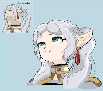 Rule 34 | capelet, commentary, earrings, english commentary, frieren, from below, green background, green eyes, hair over shoulder, highres, jewelry, long hair, looking up, meme, pointy ears, reference inset, saturnserkel, sidelocks, simple background, smile, sousou no frieren, thick eyebrows, twintails, upper body, upward angle frieren drawing (meme), white capelet, white hair