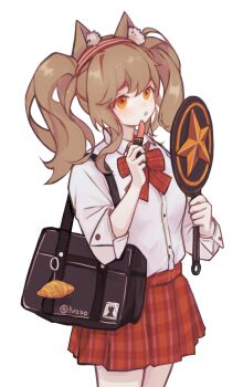 Rule 34 | angelina (arknights), animal ear fluff, animal ears, arknights, bag, bow, bowtie, brown hair, buttons, chinese commentary, commentary request, cosmetics, cowboy shot, dress shirt, hairband, hand mirror, highres, holding, holding lipstick tube, holding mirror, lipstick tube, medium hair, mido (mido chen), miniskirt, mirror, orange eyes, parted lips, plaid clothes, plaid skirt, pleated skirt, red bow, red bowtie, red hairband, red skirt, school bag, school uniform, shirt, simple background, skirt, standing, star (symbol), white background, white shirt