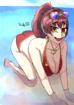 1girl absurdres all_fours arrow_through_heart bare_arms bare_legs beach bikini blue_sky breasts cleavage day halterneck heart heart-shaped_eyewear heterochromia high_ponytail highres hololive hololive_fantasy houshou_marine houshou_marine_(summer) in_water large_breasts long_hair looking_at_viewer ocean official_alternate_costume open_mouth partially_submerged ponytail red_bikini red_eyes red_hair self-upload shallow_water sky string_bikini swimsuit very_long_hair virtual_youtuber water wet yellow_eyes zedvi