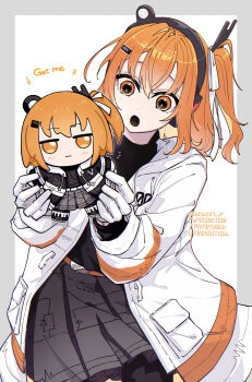 Rule 34 | 1girl, a.i. voice, absurdres, adachi rei, adachi rei (vocaloid6), character doll, commentary request, doll, fumo (doll), gloves, grey skirt, hair ribbon, highres, holding, holding doll, jacket, medium hair, miniskirt, nisui57, one side up, open clothes, open jacket, open mouth, orange eyes, orange hair, pleated skirt, ribbon, skirt, solo, utau, vocaloid, white gloves, white jacket, white ribbon