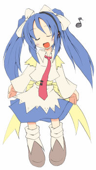 1girl back_bow blue_hair boots bow closed_eyes collared_shirt commentary_request hair_bow headphones highres long_hair long_sleeves music musical_note necktie open_mouth sakura_(ukagaka) shirt simple_background singing skirt skirt_set smile solo tie_clip twintails ukagaka very_long_hair white_background yuuhi_alpha