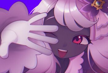 1girl dark-skinned_female dark_skin fascinator gloves hand_up highres jacinthe_(pokemon) juliet_sleeves long_hair long_sleeves looking_at_viewer low_drills mega_stone mokothetako nintendo one_eye_closed open_mouth pokemon pokemon_legends:_z-a portrait puffy_sleeves purple_background purple_eyes purple_hair smile solo teeth upper_teeth_only very_dark_skin