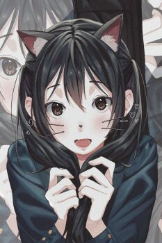 1girl animal_ears black_hair blue_jacket blush brown_eyes cat_ears cat_girl commentary drawn_whiskers fang heart highres holding holding_own_hair jacket k-on! kemonomimi_mode long_hair looking_at_viewer mu_ooa nakano_azusa open_mouth skin_fang two_side_up upper_body zoom_layer