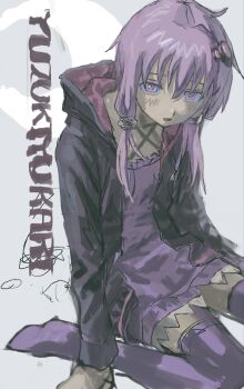 Rule 34 | 1girl, black hoodie, blush, character name, commentary request, criss-cross halter, dress, flat chest, grey background, hair between eyes, hair ornament, halter dress, halterneck, highres, hood, hood down, hoodie, hunched over, light smile, long sleeves, looking at viewer, low-tied sidelocks, open clothes, open hoodie, open mouth, pink eyes, purple dress, purple hair, purple thighhighs, short hair with long locks, sidelocks, sitting, solo, thighhighs, vocaloid, voiceroid, wariza, yuutsu (umrs8555), yuzuki yukari