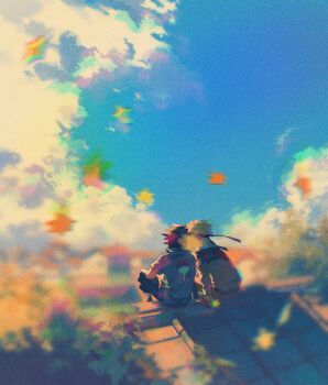 2boys black_hair black_pants blonde_hair cloud cloudy_sky falling_leaves film_grain forehead_protector from_behind hashtag-only_commentary highres jacket kiss leaf madarabeliever male_focus multicolored_jacket multiple_boys naruto_(series) naruto_shippuuden on_roof outdoors pants sitting sitting_on_roof sky twitter_username two-tone_jacket uchiha_sasuke uzumaki_naruto yaoi