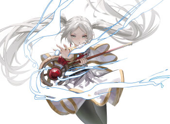 Rule 34 | 1542 700, 1girl, absurdres, black pantyhose, blush, capelet, casting spell, commentary, dress, earrings, elf, english commentary, frieren, green eyes, highres, jewelry, long hair, looking at viewer, pantyhose, parted bangs, pointy ears, solo, sousou no frieren, twintails, very long hair, white capelet, white dress, white hair