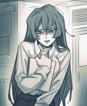 1girl absurdres choker collared_shirt commentary cowboy_shot disgust double-parted_bangs english_commentary greyscale hair_between_eyes hatching_(texture) highres holding holding_paper insomniac_workers long_hair long_sleeves looking_at_viewer mole mole_under_eye monochrome narrowed_eyes office office_lady office_lady_(senukin) open_mouth paper sanpaku senukin shaded_face shirt sketch solo sweat