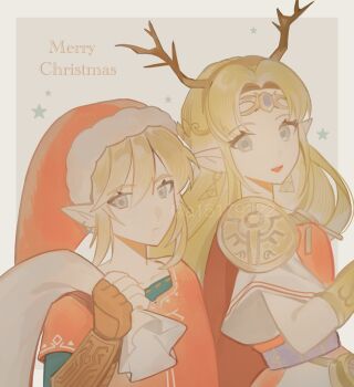 1boy 1girl a15179222 armor blonde_hair bracer brown_gloves circlet commentary_request dress earrings fake_antlers fingerless_gloves gloves gold_earrings grey_background hair_between_eyes hat highres jewelry link long_hair medium_hair merry_christmas nintendo parted_bangs parted_lips pointy_ears princess_zelda red_hair red_tunic santa_hat shoulder_armor sidelocks smile the_legend_of_zelda the_legend_of_zelda:_a_link_between_worlds tunic vambraces white_dress