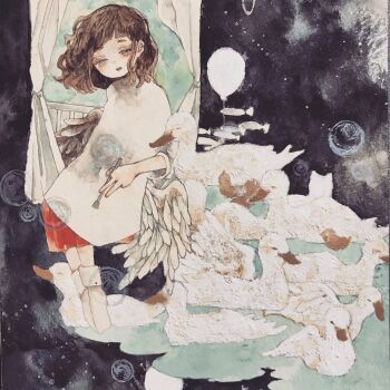 1girl absurdres acrylic_paint_(medium) air_bubble balloon barefoot bird black_background blunt_bangs brown_hair bubble closed_eyes closed_mouth commentary_request curly_hair dress duck expressionless feathers floating highres indoors karintoun long_sleeves looking_down medium_hair night original painting_(medium) portrait red_skirt simple_background skirt straight-on surreal traditional_media watercolor_(medium) wings