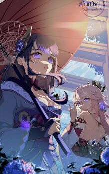 absurdres animal_ears artist_name back bare_shoulders blunt_bangs blurry breasts bridal_gauntlets cleavage commentary depth_of_field detached_sleeves flower fox_ears fox_girl from_behind fruct0se_fa genshin_impact glowing hair_ornament headpiece highres holding holding_umbrella indoors japanese_clothes kimono light_particles long_sleeves looking_to_the_side looking_up medium_breasts mole mole_under_eye neck_ribbon off_shoulder oil-paper_umbrella outdoors pink_hair purple_eyes purple_hair purple_kimono raiden_shogun red_ribbon red_sash ribbon sash shade umbrella wide_sleeves yae_miko