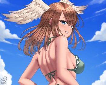 1girl bikini blue_background blue_eyes breasts brown_hair covered_erect_nipples eunie_(xenoblade) feathered_wings from_behind green_bikini head_wings looking_at_viewer looking_back parted_lips rocky-ace short_hair smile solo swimsuit upper_body white_wings wings xenoblade_chronicles_(series) xenoblade_chronicles_3