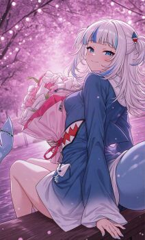 1girl animal_costume blue_eyes blue_hair blue_hoodie blurry blurry_background blush bouquet breasts commentary english_commentary fingernails fins fish_tail flower gawr_gura gawr_gura_(1st_costume) graduation hair_ornament highres hololive hololive_english hood hoodie medium_hair multicolored_hair ocean self-upload shark shark_costume shark_girl shark_tail small_breasts smile solo streaked_hair tail tree virtual_youtuber white_hair zeethienix
