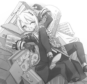 Rule 34 | 1girl, arm up, box, cardboard box, commentary request, epaulettes, fallen down, gloves, greyscale, hair ornament, hasumi leia, jacket, knees up, long sleeves, looking at viewer, lying, mahou shoujo no majo saiban, monochrome, on back, one eye closed, pants, sash, shoes, short hair, shoulder sash, solo, suno (imydream), sweatdrop, sword, weapon