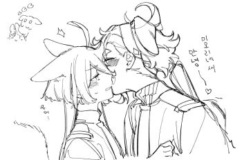 Rule 34 | 2girls, animal ears, asticassia school uniform, blush, cat ears, commentary request, dog ears, fang, greyscale, gundam, gundam suisei no majo, heart, highres, kemonomimi mode, kiss, kissing cheek, korean commentary, miorine rembran, monochrome, multiple girls, parted lips, school uniform, suletta mercury, sweat, thick eyebrows, yuri, zhuotian