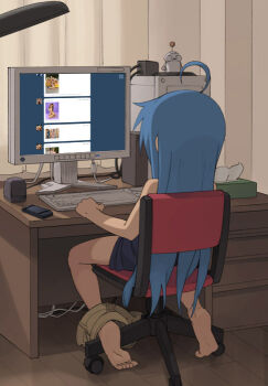 00s 1girl ahoge barefoot blue_hair bottomless cellphone clothes_pull computer feet female_focus female_masturbation from_behind full_body indoors izumi_konata computer_keyboard long_hair lucky_star masturbation pants pants_pull phone pornography soles solo third-party_edit tissue tissue_box tumblr viewing_pornography