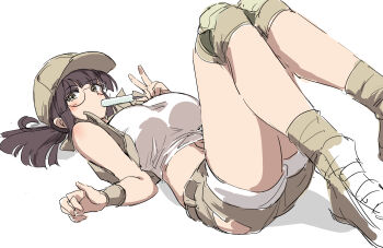 1girl baseball_cap breasts brown_eyes brown_hair crop_top fio_germi food food_in_mouth glasses hat highres huanxiang_huifeng knee_pads large_breasts looking_at_viewer lying metal_slug midriff on_back open_clothes open_vest ponytail popsicle popsicle_in_mouth round_eyewear short_shorts shorts solo utility_vest v vest white_background